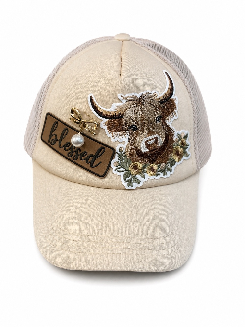 Hand Crafted Embroidered Highland Cow 'Blessed' Trucker Hat - Beige